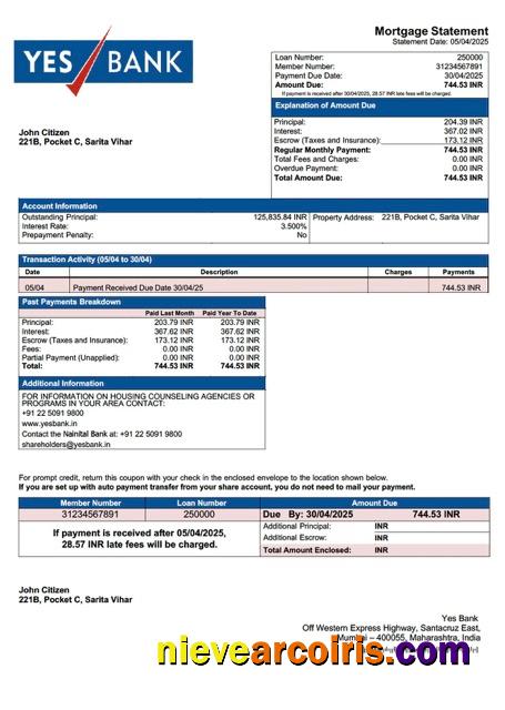 India Yes Bank mortgage statement Word and PDF template